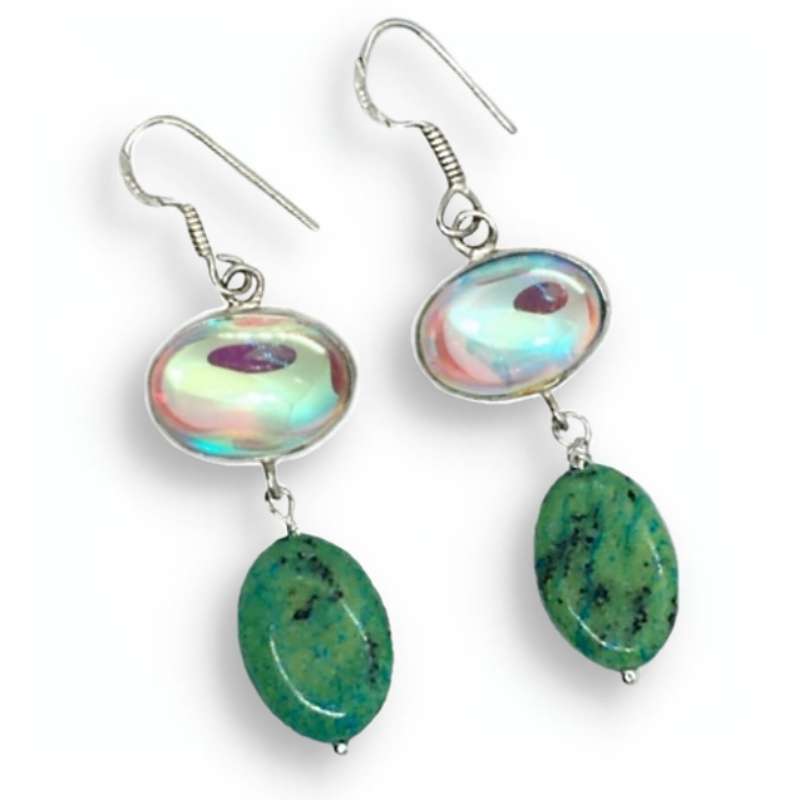 Natural Chrysocolla, Madagascar Fiery Topaz Solid .925 Sterling Silver Earrings