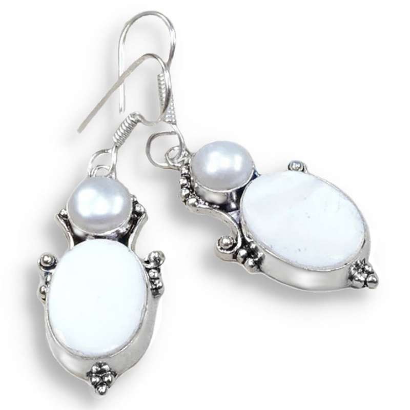 Natural Mother Of Pearl and White River Pearl set in .925 Sterling Silver Plated Handmade Earrings