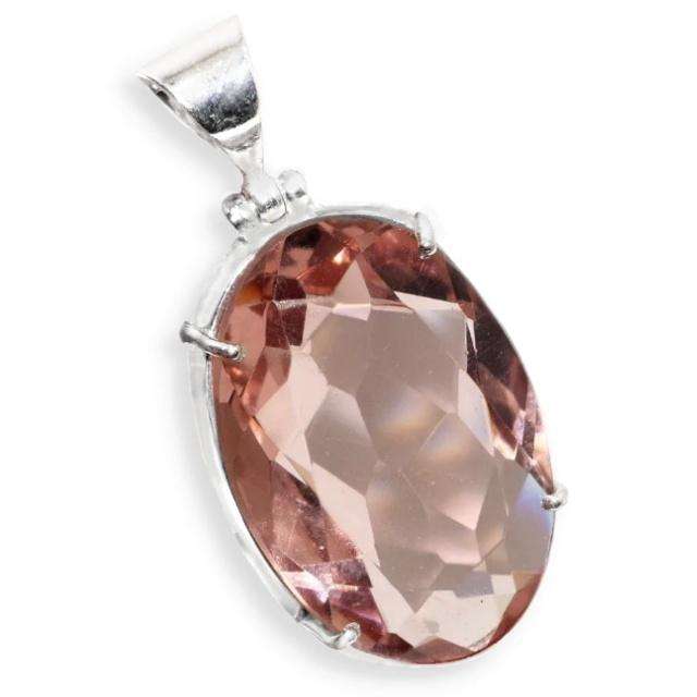 Faceted Morganite Oval Shape .925 Sterling Silver Plated Handmade Pendant