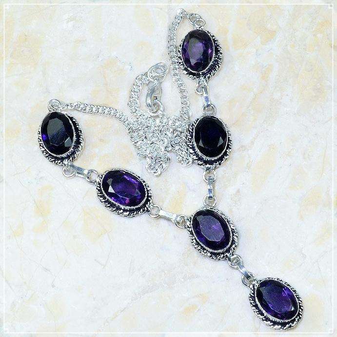 Purple Amethyst Ovals set in .925 Sterling Silver Plated Y Shape Antique Style Necklace