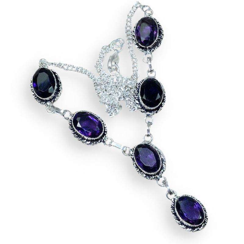 Purple Amethyst Ovals set in .925 Sterling Silver Plated Y Shape Antique Style Necklace