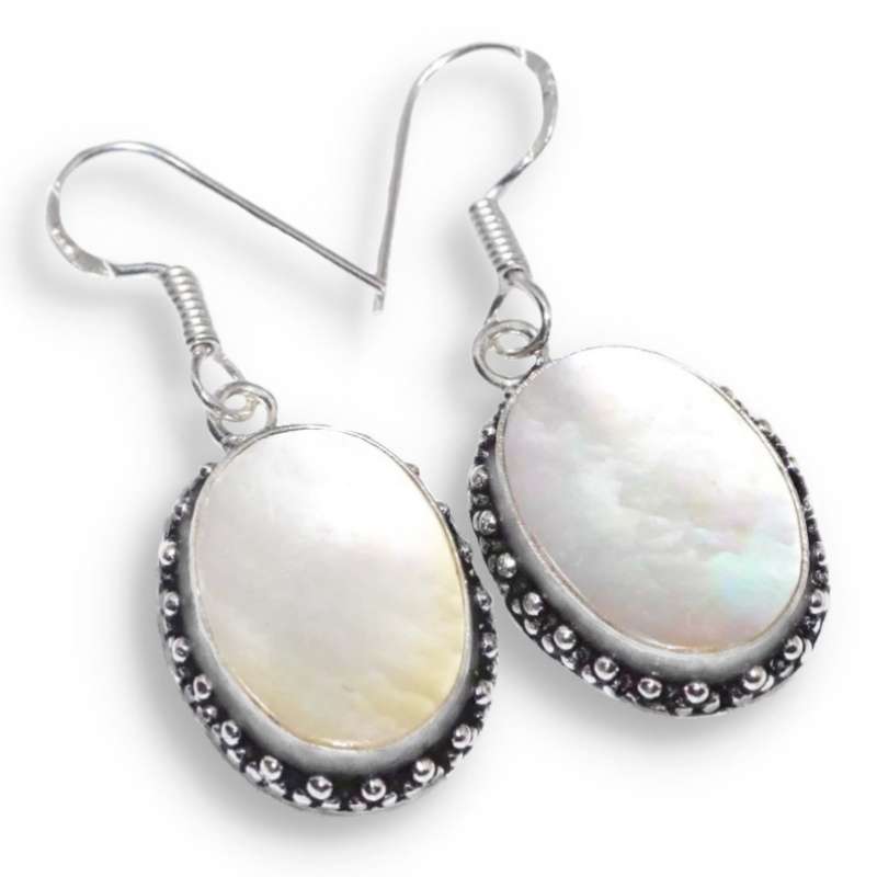 Natural Mother of Pearl Oval set in .925 Sterling Silver Plated Antique Style Handmade Earrings
