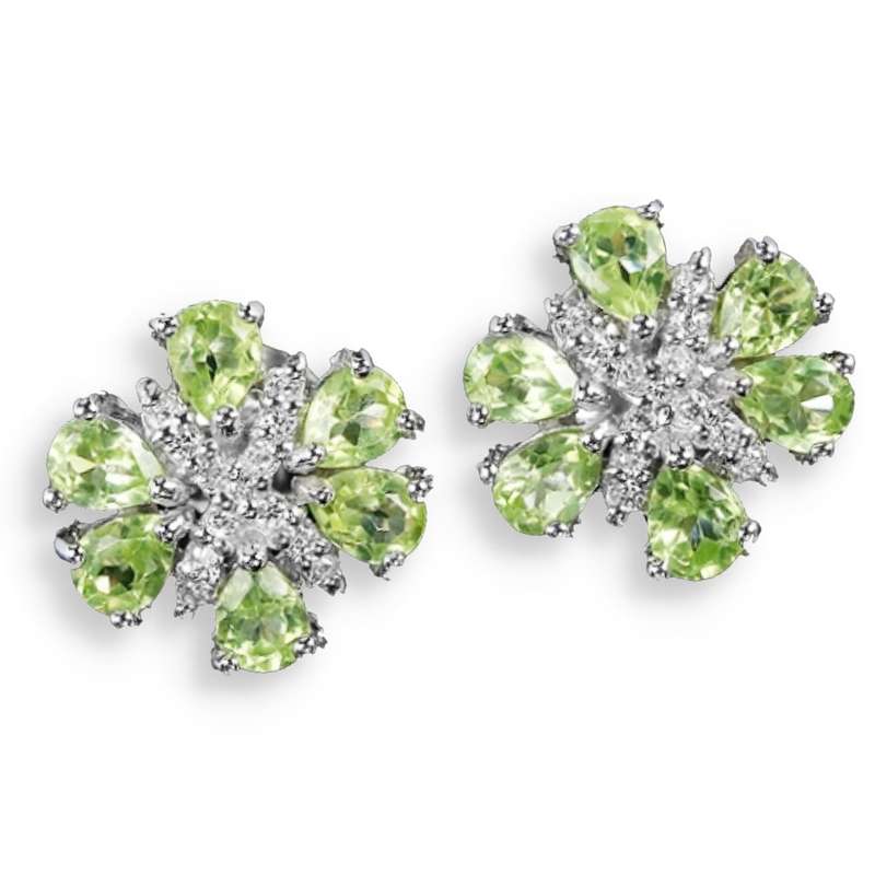 Natural Unheated Peridot, White Cubic Zirconia Gemstone Solid .925 Sterling Silver Earrings