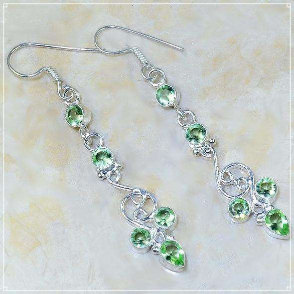 Ornate Green Amethyst Mixed Shapes set in .925 Sterling Silver Plated Handmade Dainty Long Earrings