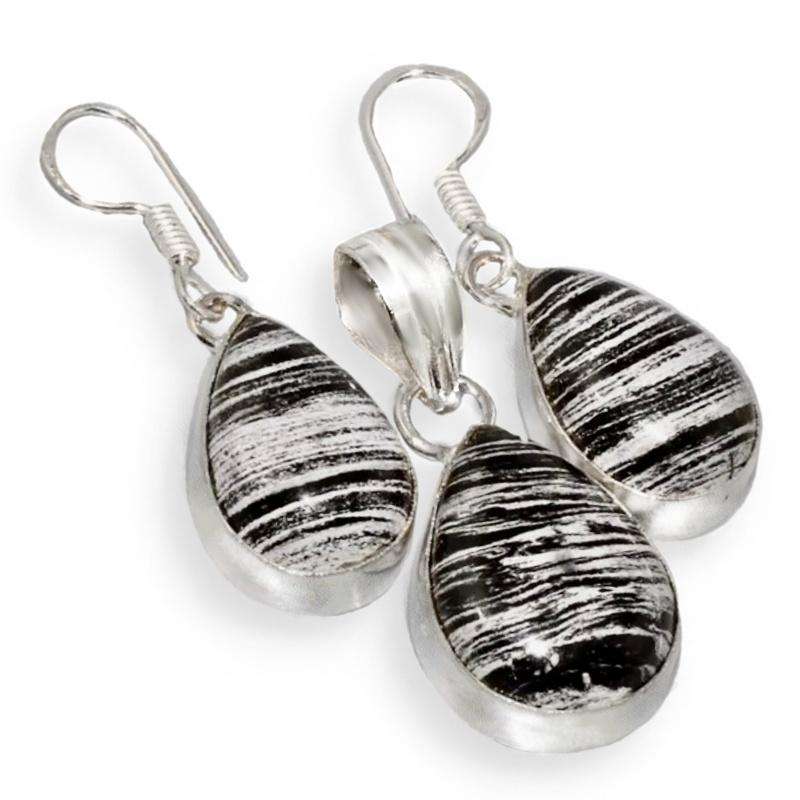 Natural Striped Outback Jasper Pear Shape set in .925 Sterling Silver Plated Earrings & Pendant Set
