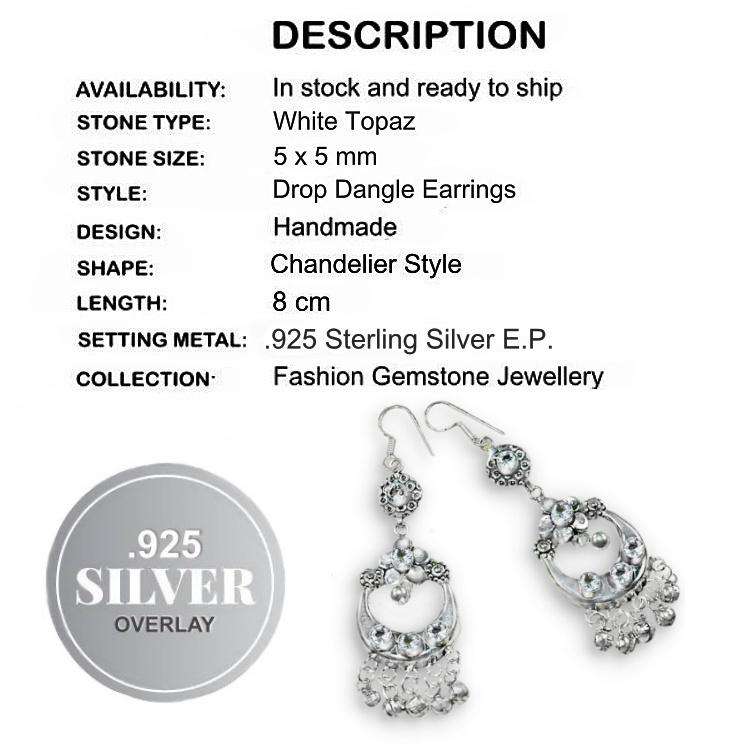 Nepali Exotic Sparkle White Topaz Gemstone .925 Sterling Silver Plated Chandelier Earrings