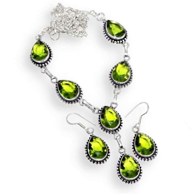 Faceted Peridot  Pears set in .925 Sterling Silver Plated Handmade Necklace & Earrings Set