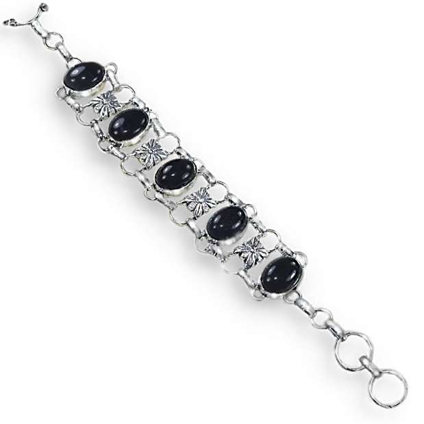 Black Onyx Oval Gemstones set in .925 Sterling Silver Plated Handmade Adjustable Bracelet