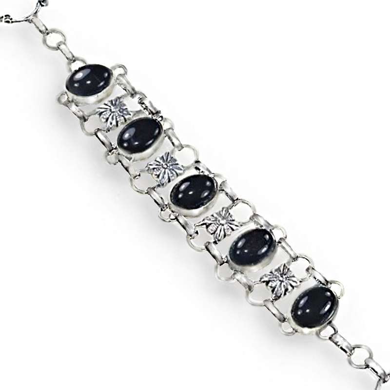 Black Onyx Oval Gemstones set in .925 Sterling Silver Plated Handmade Adjustable Bracelet