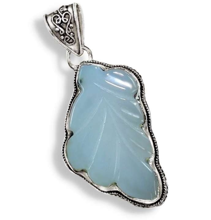 Carved Antique Style Aqua Chalcedony Leaf Shape set in 925 Sterling Silver Plated Handmade Pendant