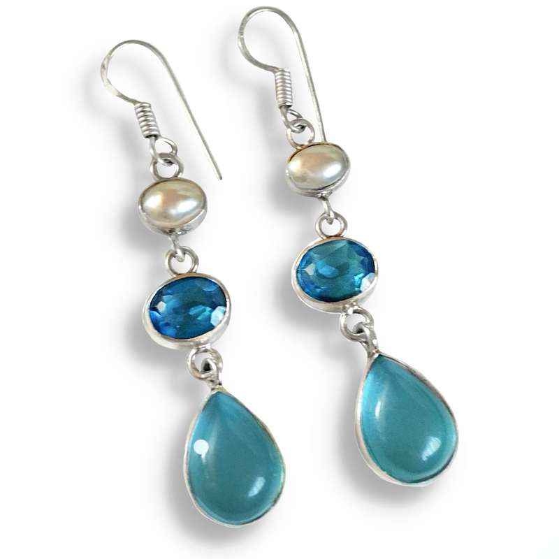 Blue Topaz, White River Pearl, Chalcedony Gemstone in .925 Sterling Silver Plated Handmade Earrings