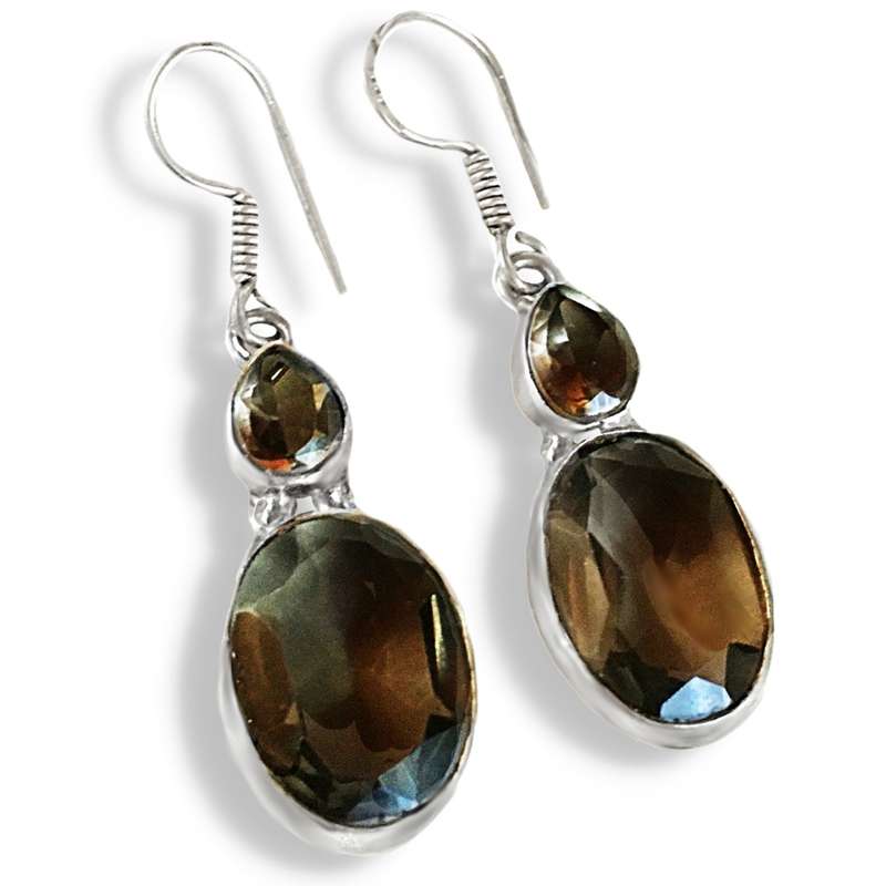 Faceted Smoky Topaz Oval & Pear Shape Gemstones set in .925 Sterling Silver Plated Handmade Earrings