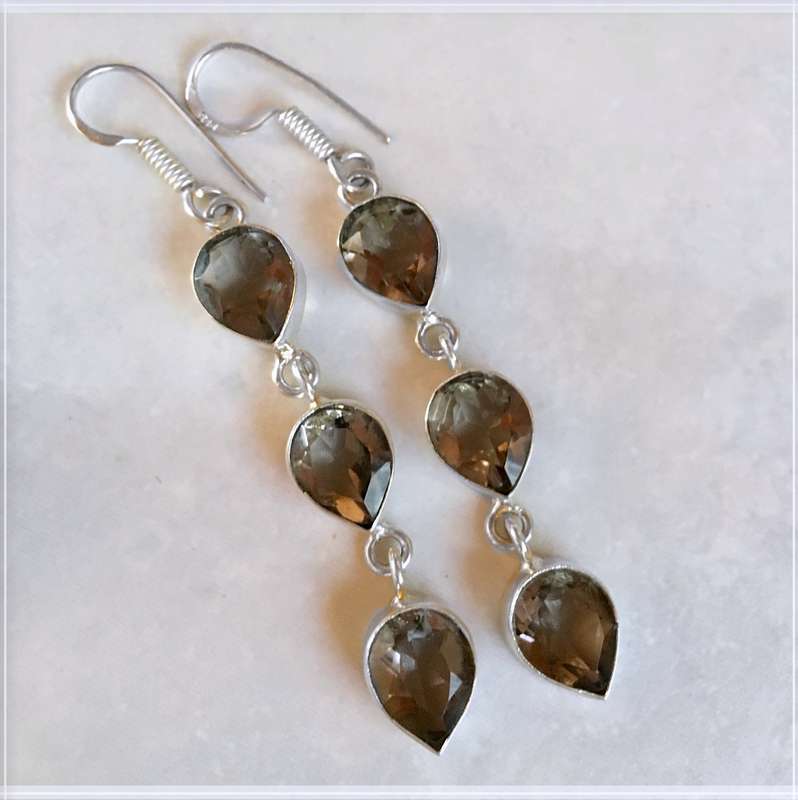 Dainty Smoky Topaz Pears Gemstone .925 Sterling Silver Plated Handmade Earrings