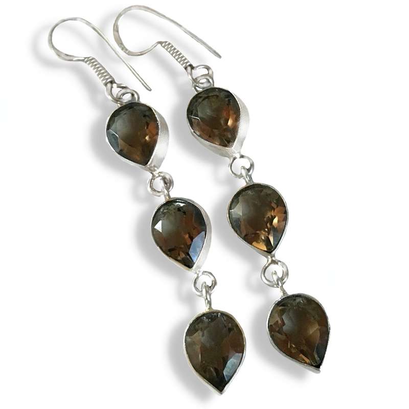 Dainty Smoky Topaz Pears Gemstone .925 Sterling Silver Plated Handmade Earrings