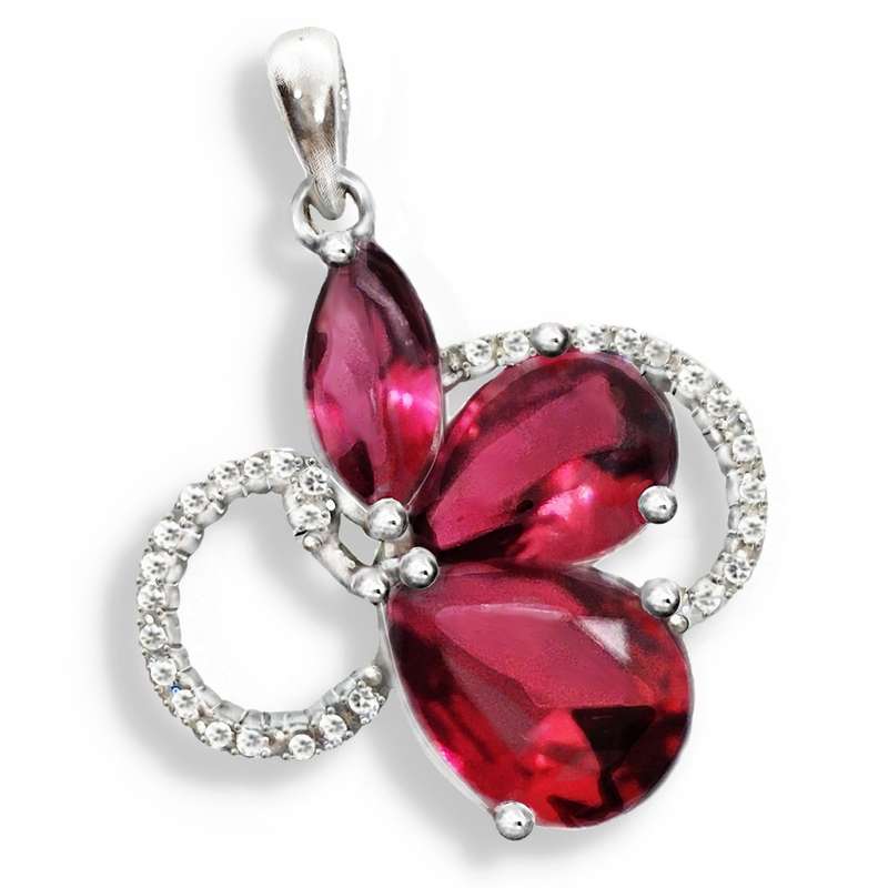 Elegant Pink Red Ruby and White Topaz Gemstone Solid .925 Sterling Silver Pendant + Free Chain