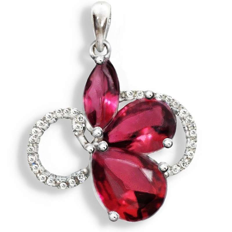 Elegant Pink Red Ruby and White Topaz Gemstone Solid .925 Sterling Silver Pendant + Free Chain