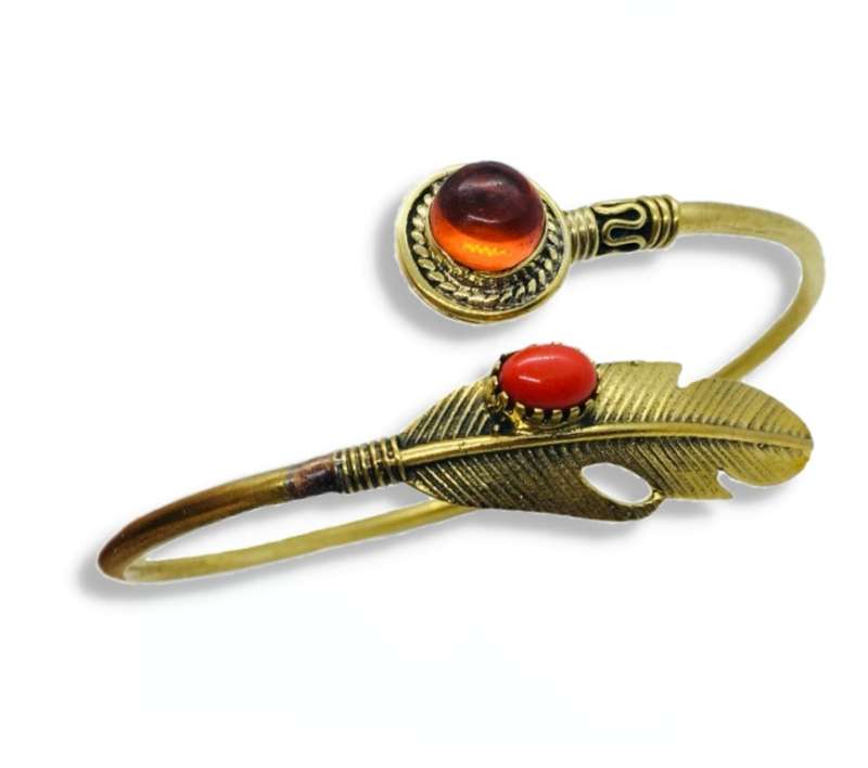 Natural Carnelian, Red Coral Gemstone Leaf Design Set in Solid Brass Cuff Bangle