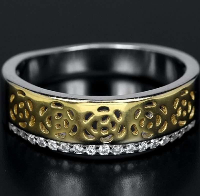 Italian Fine Crafted Two Tone AAA CZ  Solid .925 Silver 14K White and Yellow Gold Ring Size US 7 /O