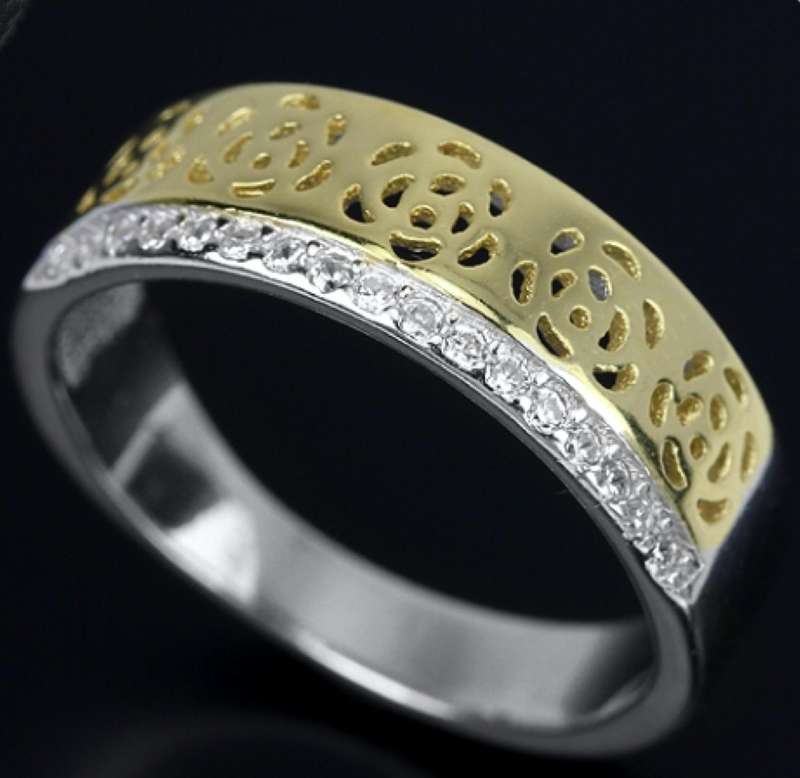 Italian Fine Crafted Two Tone AAA CZ  Solid .925 Silver 14K White and Yellow Gold Ring Size US 7 /O