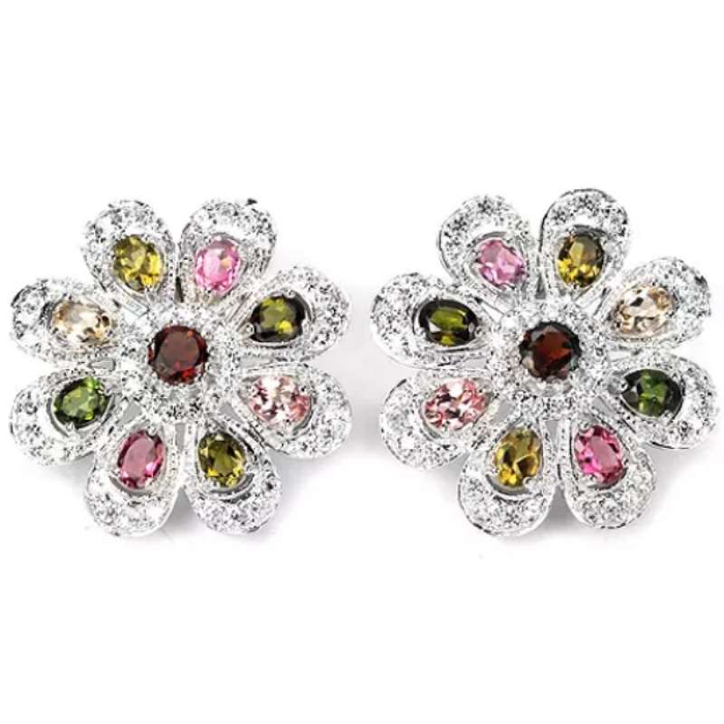 Deluxe Unheated Multi-Tourmaline, White Cubic Zirconia set in Solid. 925 Sterling Silver Earrings
