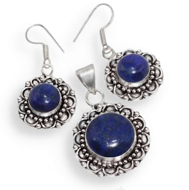 Natural Lapis Lazuli Round Gemstones set in .925 Silver Plated Antique Style Pendant & Earrings Set