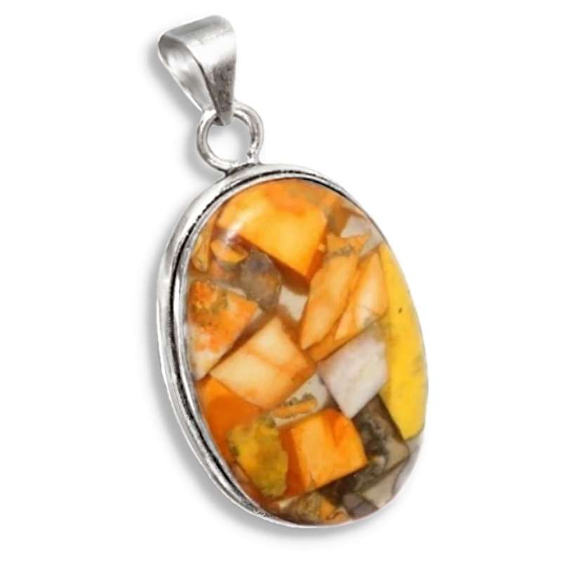Natural Brecciated Bumble Bee Jasper Oval Gemstone set in .925 Sterling Silver Plated Pendant