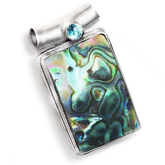 Natural New Zealand  Abalone and Blue Topaz Gemstone in 925 Sterling Silver Plated Handmade Pendant