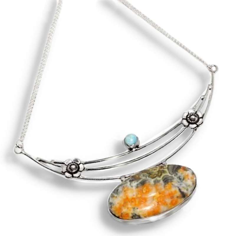 Natural Bumble Bee Jasper and Caribbean Larimar set in .925 Sterling Silver Plated Necklace
