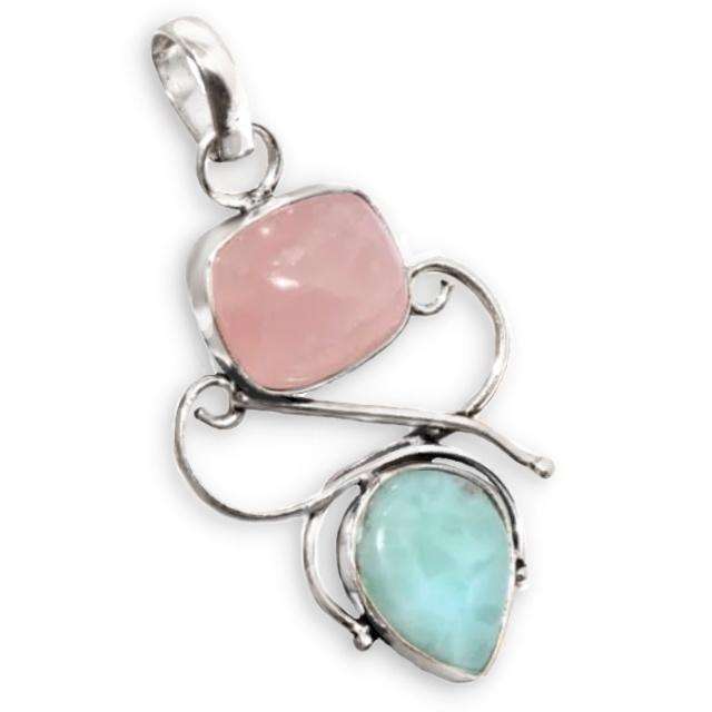 Natural Rose Quartz and Caribbean Larimar .925 Sterling Silver Plated Pendant