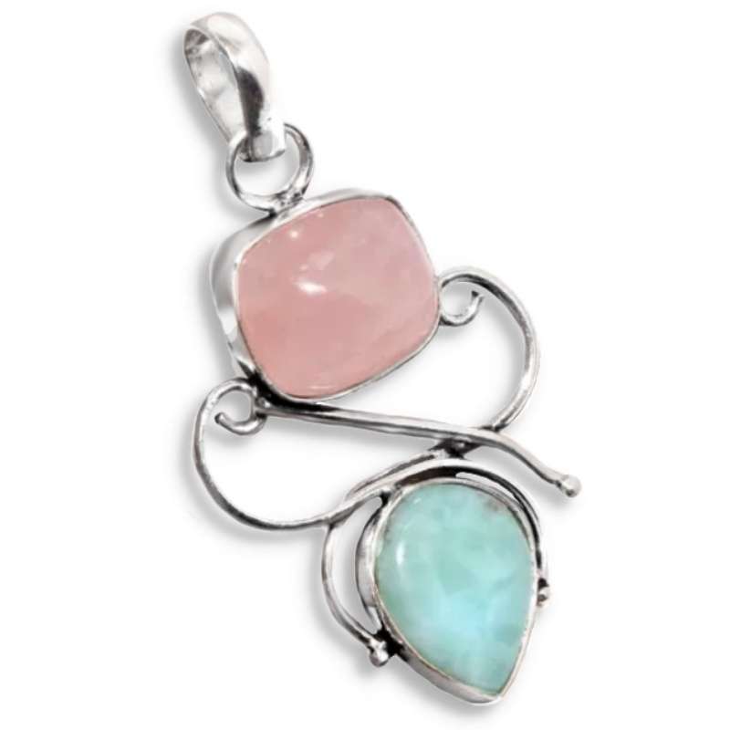 Natural Rose Quartz and Caribbean Larimar .925 Sterling Silver Plated Pendant
