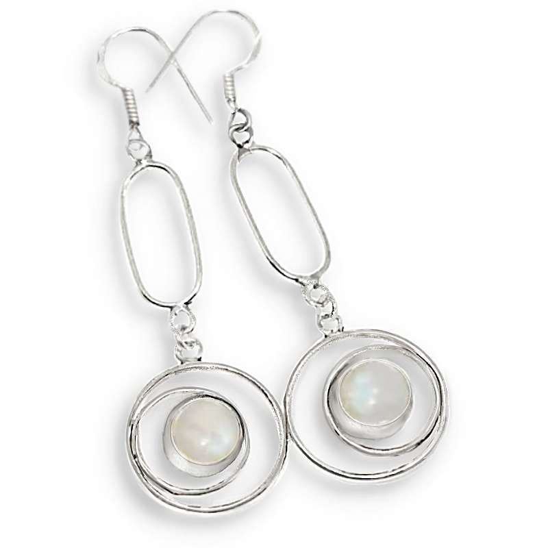Natural Rainbow Moonstone Round Gemstone set in .925 Sterling Silver Long Modern Earrings
