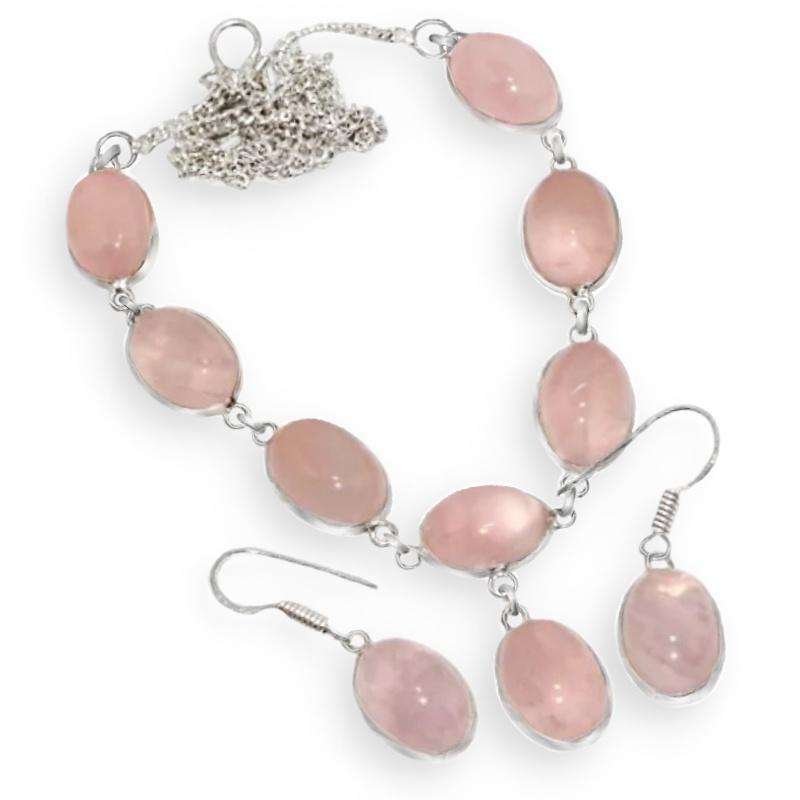Natural Rose Quartz Ovals set in .925 Sterling Silver Plated Handmade Necklace & Earrings Set