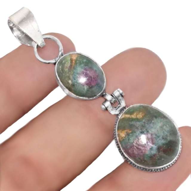Natural Ruby Zoisite Oval Gemstones Set in 925 Sterling Silver Plated Handmade Pendant