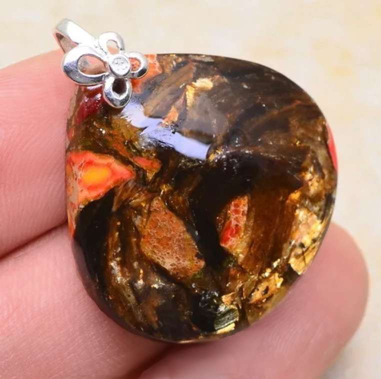Exquisite Autumn Tones Orange Sea Sediment Jasper In Golden Bornite .925 S/Silver Pendant