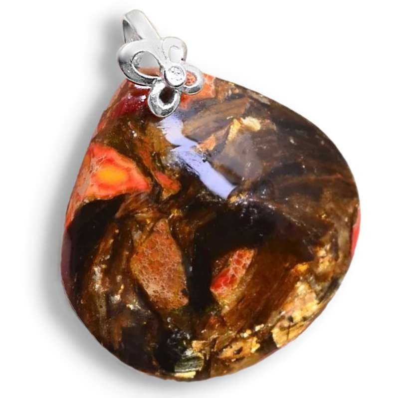 Exquisite Autumn Tones Orange Sea Sediment Jasper In Golden Bornite .925 S/Silver Pendant