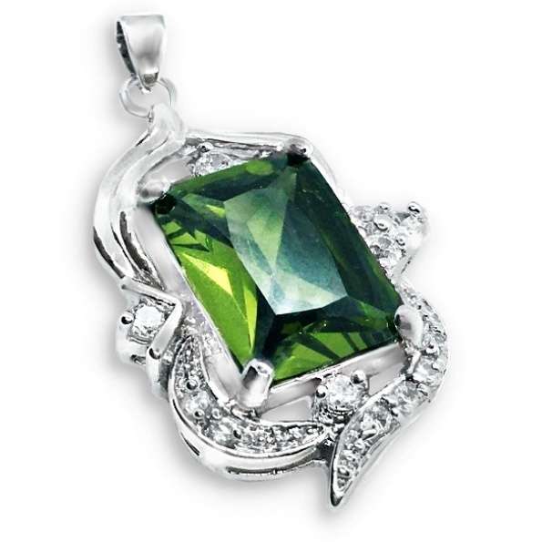 Natural Emerald Cut Peridot  and White Topaz Gemstone set in Solid 925 Sterling Silver Pendant