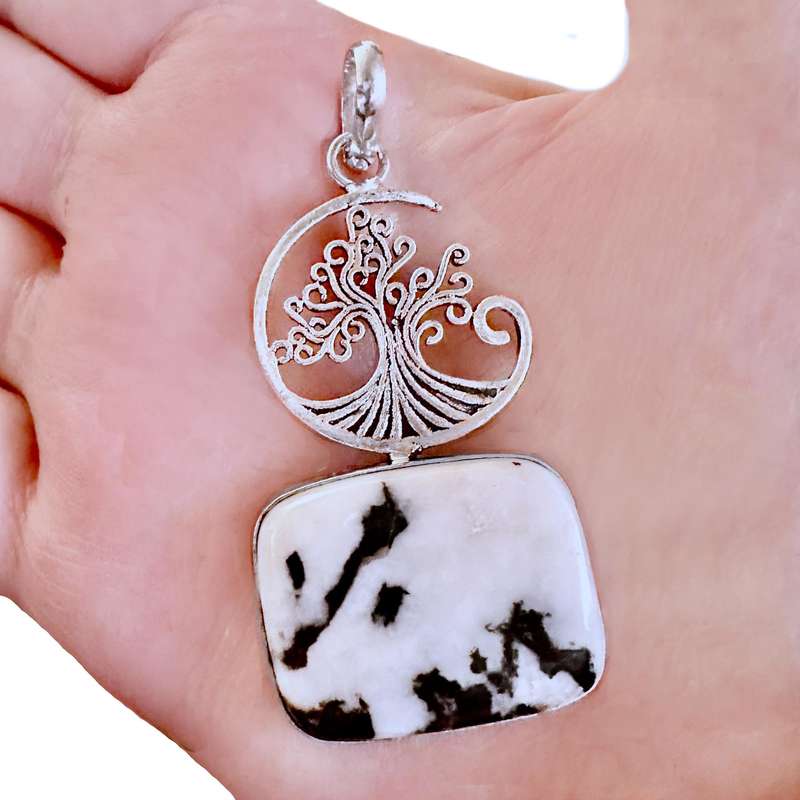 Natural White Buffalo Turquoise Gemstone set in .925 Sterling Silver Plated Tree of Life Pendant