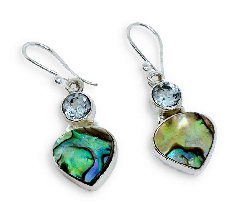 Natural Abalone Shell and Blue Topaz set in Gemstone Solid 925 Sterling Silver Handmade Earrings
