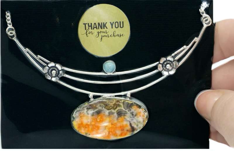 Natural Bumble Bee Jasper and Caribbean Larimar set in .925 Sterling Silver Plated Necklace