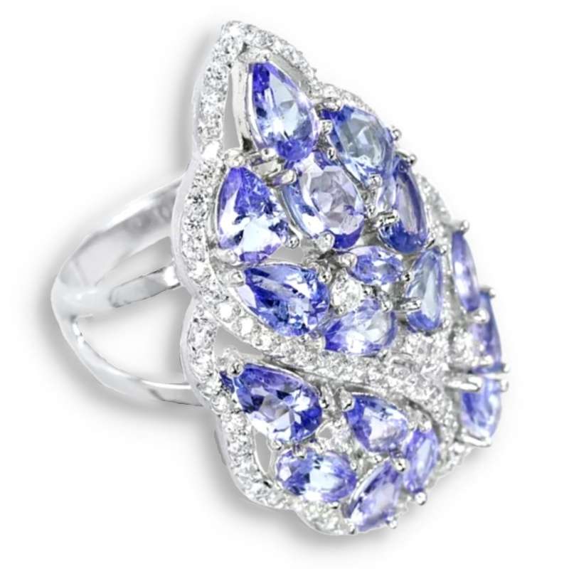 Deluxe Natural Unheated Tanzanite and AAA White Cubic Zirconia Solid .925 Silver Ring Size US 7.25