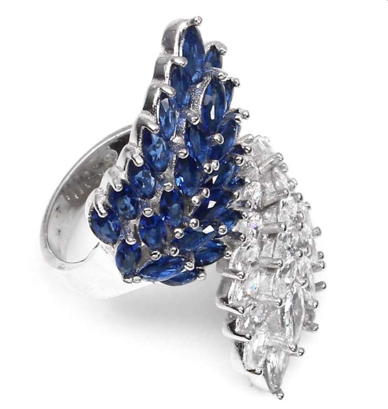 63,81 cts Deluxe Blue and White Cubic Zirconia in Solid 925 Silver 14K White Gold Ring Size 7 / O