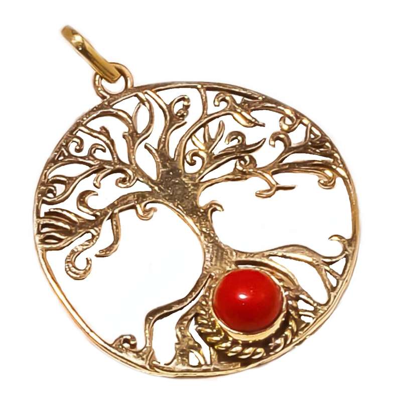 Handmade Tree of Life Red Coral Gemstone Pendant .925 Silver Pendant + 14K Gold Filled Chain