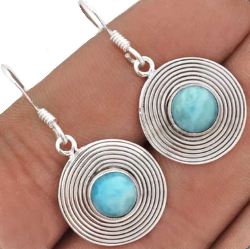 Natural Caribbean Larimar Round Gemstone set in Solid  .925 Sterling Silver Earrings