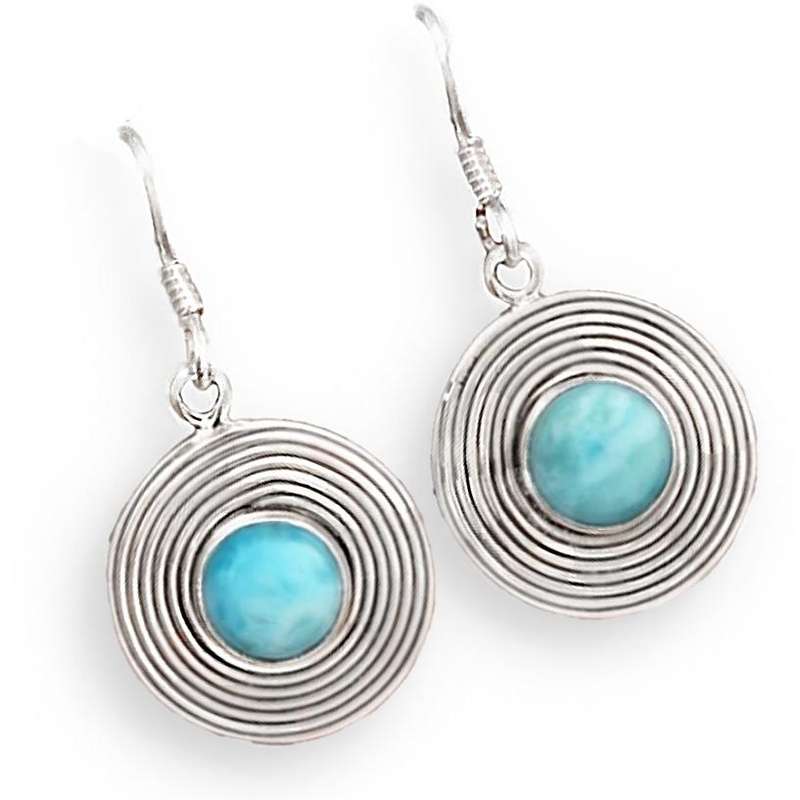 Natural Caribbean Larimar Round Gemstone set in Solid  .925 Sterling Silver Earrings