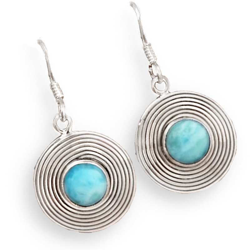 Natural Caribbean Larimar Round Gemstone set in Solid  .925 Sterling Silver Earrings