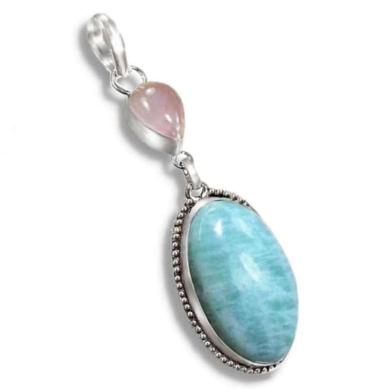 Natural Aquamarine and Rose Quartz Gemstone in 925 Sterling Silver Plated Handmade Pendant