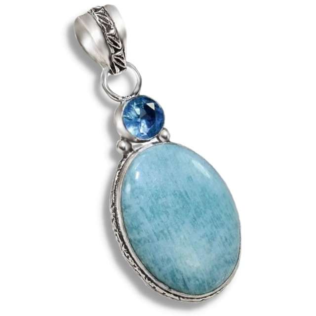 Natural Aquamarine, Blue Topaz Gemstone in 925 Sterling Silver Plated Handmade Pendant