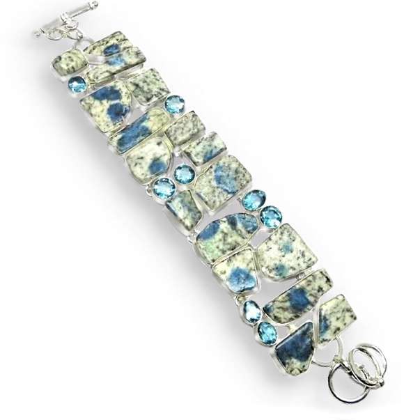 Natural K2 Blue Azurite, Blue Topaz Gemstone set in .925 Sterling Silver Plated  Handmade Bracelet