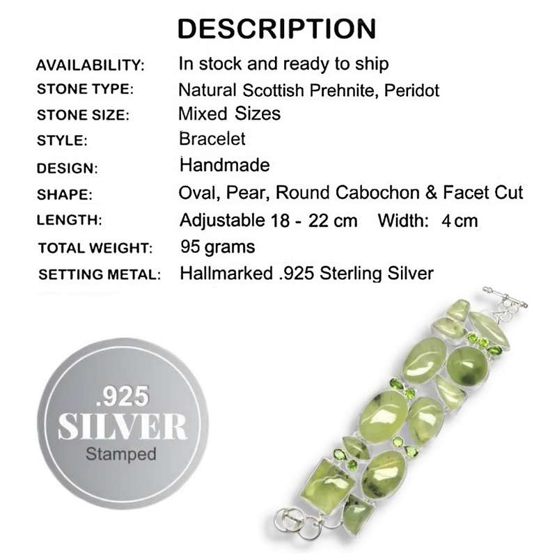 Beautiful Scottish Moss Prehnite, Peridot Gemstone .925 Sterling Silver Bracelet