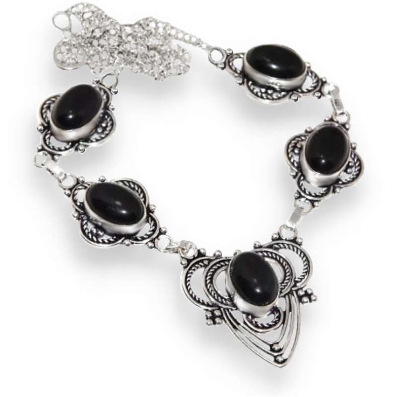 Natural Black Onyx Oval Gemstones set in .925 Sterling Silver Plated Antique Style Dainty Necklace